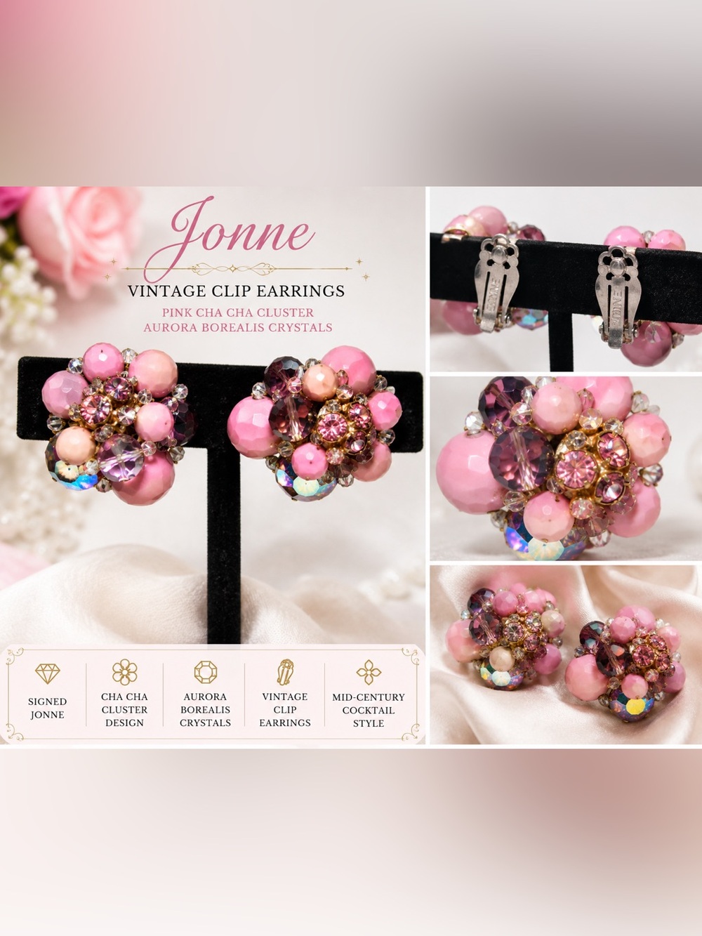 Pink Jonne Vintage Cha Cha Cluster Clip Earrings